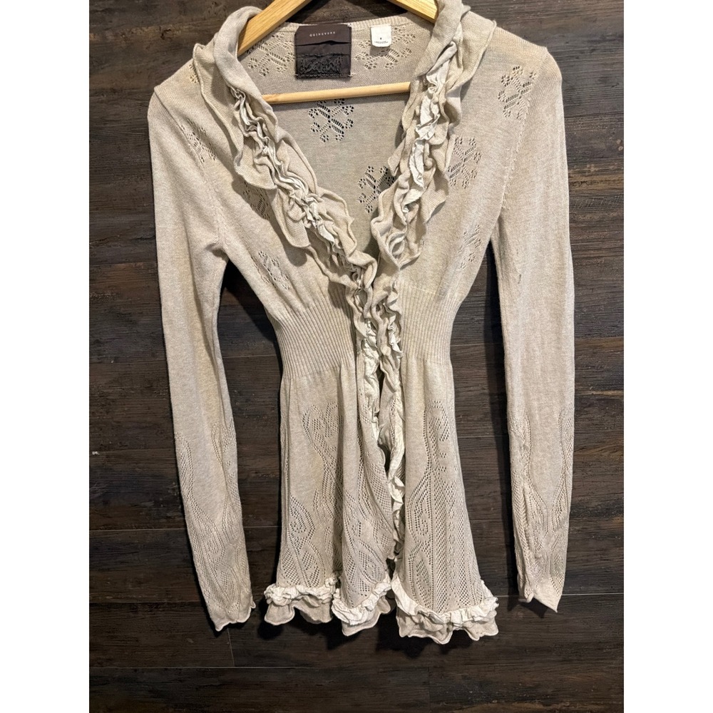 Guinevere Anthropologie Pointelle Ruffle Knit Cardigan Beige Cotton Medium